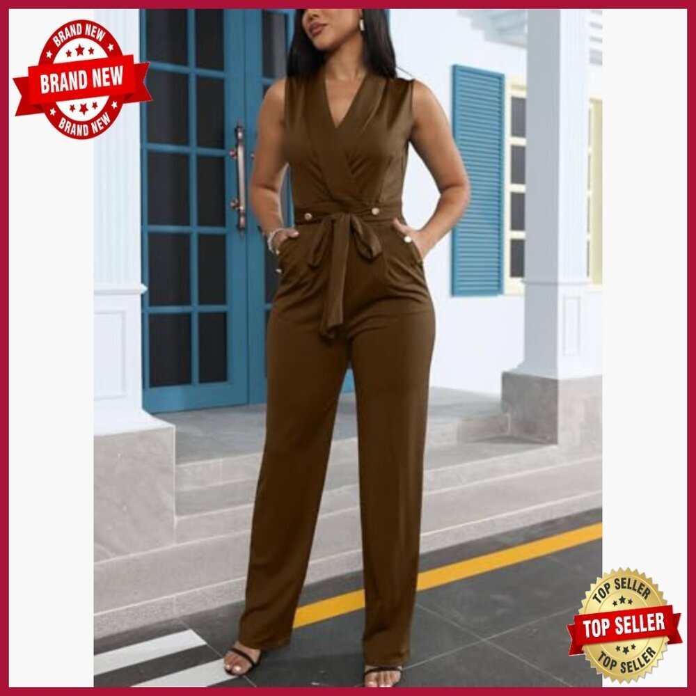 Slim Fit Jumpsuit with Belt, V-Neck Sleeveless, Pockets, Polyester Spandex - Picture 5 of 7